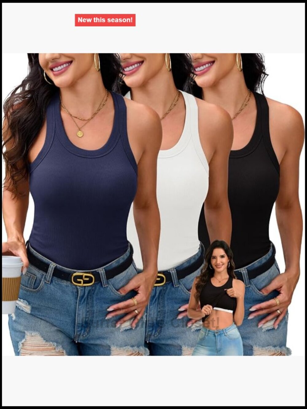 3 Pack Ribbed Tank Tops with Built-in Bras Racerback Scoop Neck Sleeveless